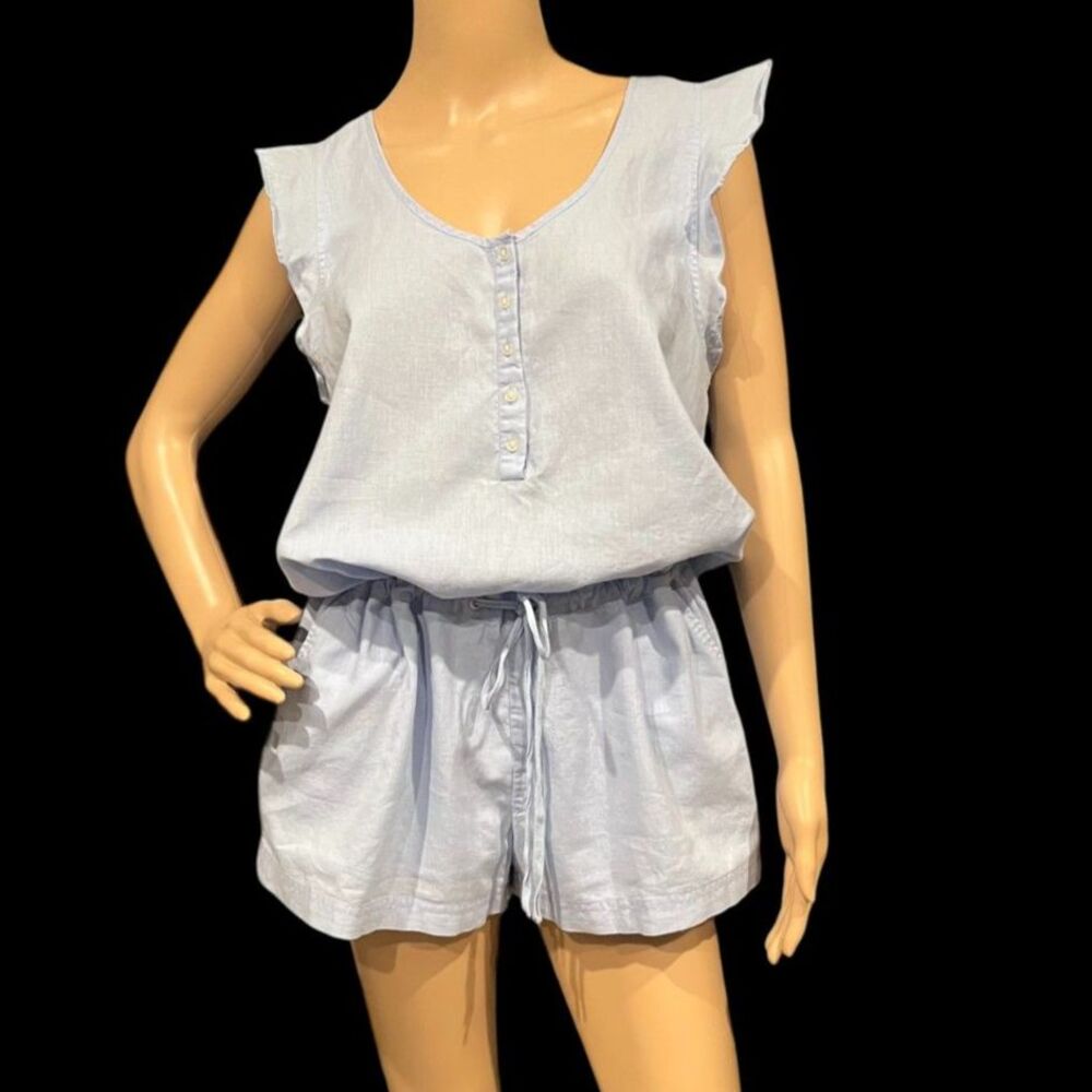Victoria's Secret Light Blue Sleep Pajama Romper Flax Linen Cotton Blend Sz M